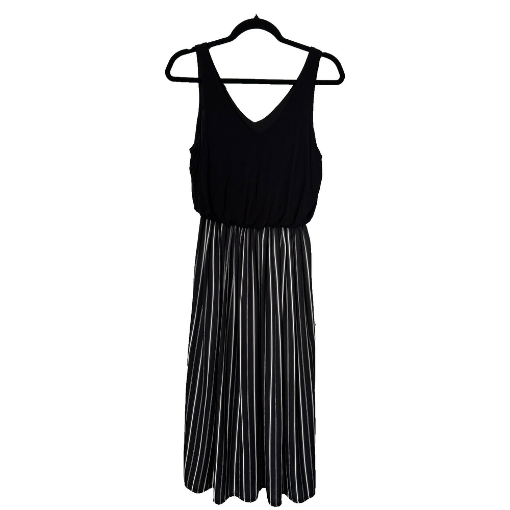 Ann Taylor Dress Size S Black White Striped Sleeveless V-Neck Pleated Side Split